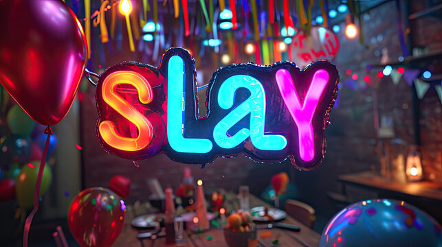 Slay, written in neon sign text, gen z slag