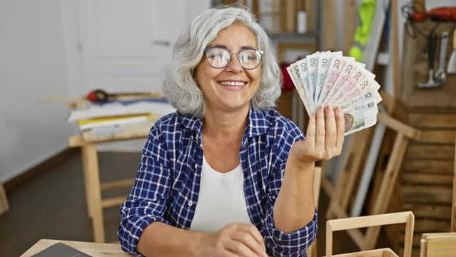Cheerful, grey-haired middle age woman joyfully gesturing 'ok' symbol with fingers, confidently holding zloty banknotes at the carpentry studio. a beautiful success story ongoing indoors!