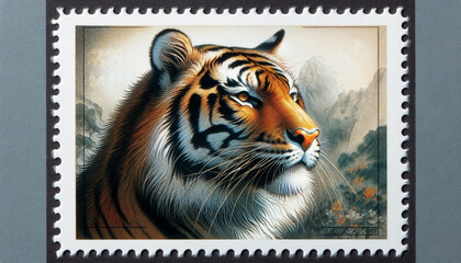 A closeup of a Chinese tiger postage stamp - Generative AI