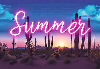 Summer, written on a pink neon sign in the desert at sunset