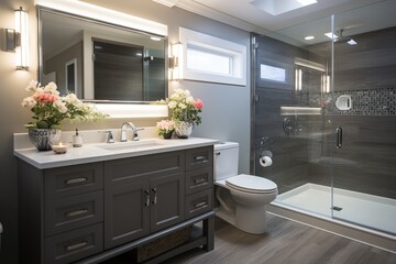 Modern bathroom with dark vanity and glass shower