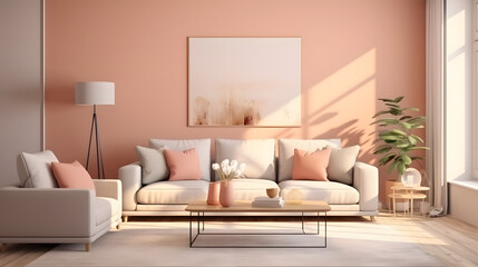 Modern living room interior of the room in peach fuzz colors. The design of a spacious bright house in a velvety delicate shade of peach tone. - obrazy, fototapety, plakaty