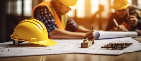 The engineer and foreman pointed to the building construction drawing on the table containing the construction helmet - obrazy, fototapety, plakaty