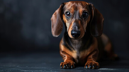 Close-up portrait of cool looking dachshund dog isolated on dark background with copy space.