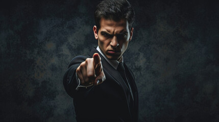 cool looking angry man wearing suit and tie, pointing finger toward camera on dark background. Angry businessman. - obrazy, fototapety, plakaty