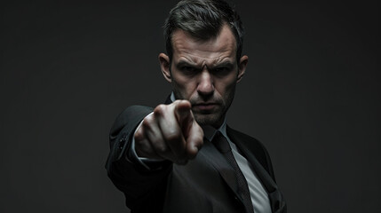 Obraz premium cool looking angry man wearing suit and tie, pointing finger toward camera on dark background. Angry businessman.