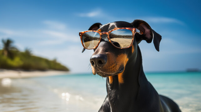 cool looking doberman pinscher dog wearing sunglasses at the beach, Funny and adorable dog during summer time.