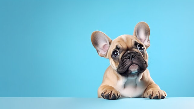 Adorable french bulldog puppy with curious questioning face isolated on light blue background with copy space.