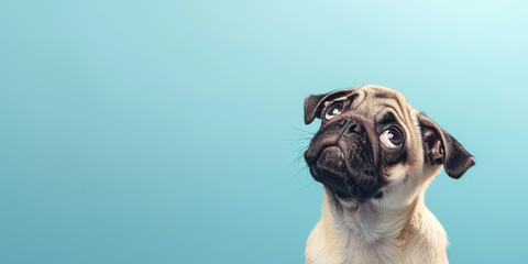Adorable pug puppy with curious questioning face isolated on light blue background with copy space.