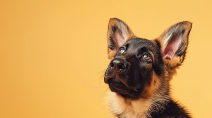 Adorable german shepherd puppy with curious questioning face isolated on light orange background with copy space. - obrazy, fototapety, plakaty