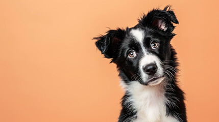 Adorable border collie puppy with curious questioning face isolated on light orange background with copy space.