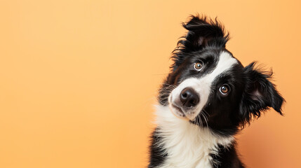 Adorable border collie puppy with curious questioning face isolated on light blue background with copy space.