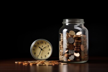 coins spilling out of a jar with an alarm clock beside it - obrazy, fototapety, plakaty