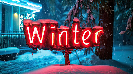 Winter, written in a neon sign, in a night snowstorm - obrazy, fototapety, plakaty