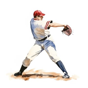 A watercolor painting of a baseball pitcher in mid-windup
