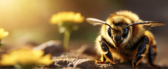 A close-up portrait of a Bee Flying, captured with a shallow depth of field to emphasize its rugged, textured fur