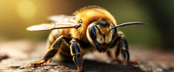 A close-up portrait of a Bee Flying, captured with a shallow depth of field to emphasize its rugged, textured fur - obrazy, fototapety, plakaty