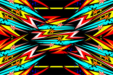 abstract racing vector background design with a unique striped pattern and a combination of bright colors and star effects on a black background