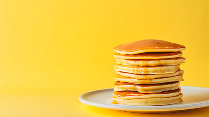 Stack of tasty pancakes with honey on pastel yellow background. Copy space for text