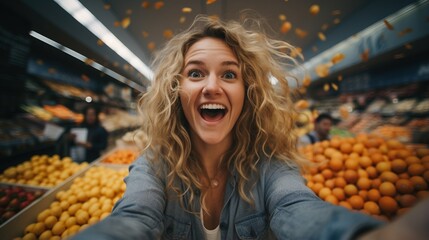 Ecstatic woman in grocery store - obrazy, fototapety, plakaty