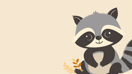 Simple Kawaii Raccoon cute animal graphic banner with copyspace and light background