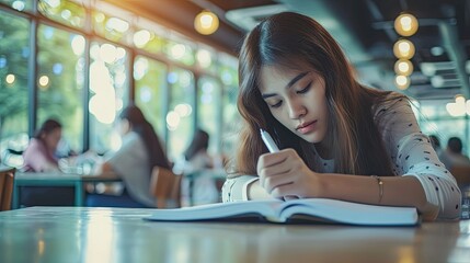 School exam, student taking educational admission test in class, thinking hard, writing answer in university classroom, education and world literacy day concept 