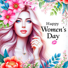 Happy Women's Day background with beautiful woman and flowers illustration of woman's day 