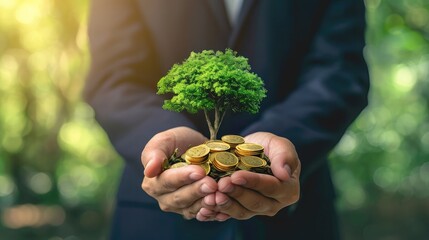 Socially responsible investing concept: Businessman hands holding stacks of golden coins and big tree on blurred green forest background  - Powered by Adobe