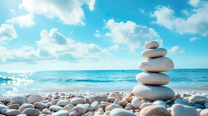 Fotobehang Spa background concept: Zen stones on blue sky and sea beach  © buraratn