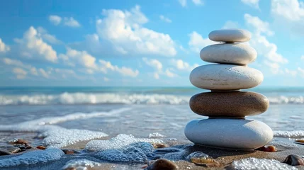 Photo sur Plexiglas Pierres dans le sable Spa background concept: Zen stones on blue sky and sea beach 