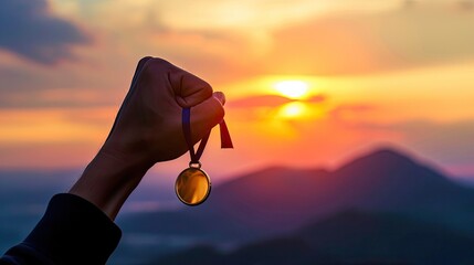 Victory concept: Silhouette overcomer hand holding gold medal against tombstone mountain sunset background