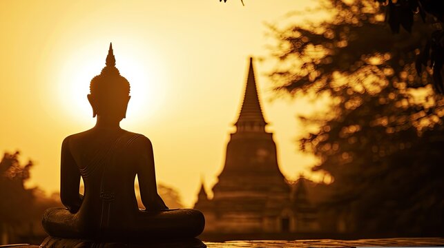 Waisak day concept: Sepia tone, silhouette Budha with blurred tourist attraction on sunset background