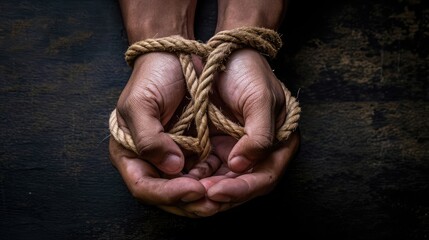 International human rights day concept: Human hands was tied with a rope - obrazy, fototapety, plakaty