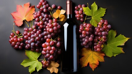 Fototapeta premium A bottle of red wine with red and green grape clusters and fall leaves