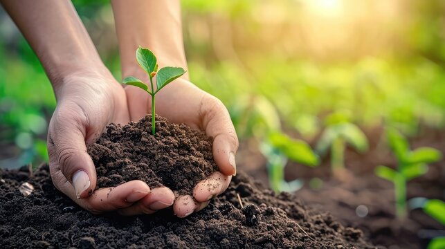 World soil day concept: Human hands holding seed tree with soil on blurred agriculture field background