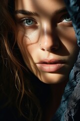 Portrait of a young woman with blue eyes and a nose ring