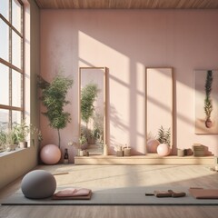 Fototapeta na wymiar Modern yoga studio interior with large windows and mirrors