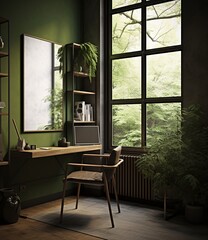 Minimalist home office with large windows and green plants