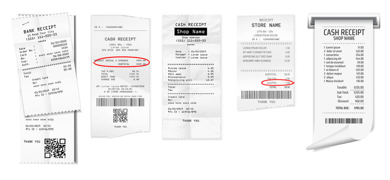 set of register sale receipt or cash receipt printed on white paper concept. 3D Render