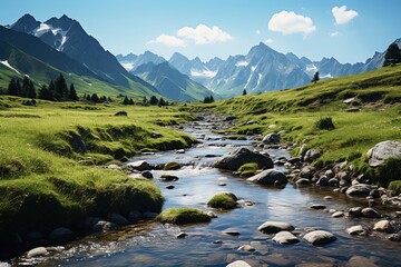 Naklejka na ściany i meble Alpine meadow with river and mountain landscape