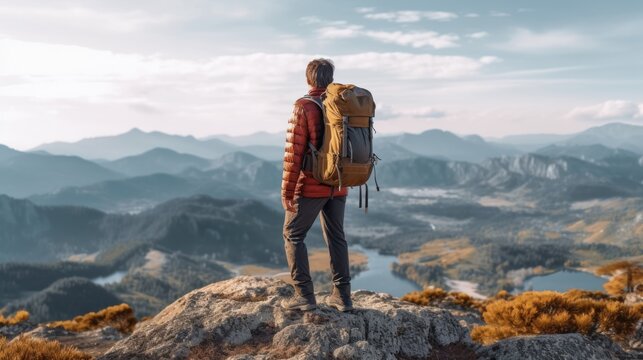 A person hiking with a backpack standing on a rock on a transparent background.