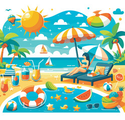 Fototapeta na wymiar Summer illustration, beach scene, woman relaxing on the beach, beach nature