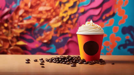 coffee paper cup photo by placing it against a vibrant, eye-catching background Opt for a bold and lively color that resonates with the lively spirit of a freshly brewed morning cup. - obrazy, fototapety, plakaty
