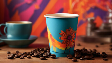 coffee paper cup photo by placing it against a vibrant, eye-catching background Opt for a bold and lively color that resonates with the lively spirit of a freshly brewed morning cup.