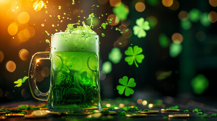Green beer for Saint Patrick's Day celebration on table with beer splashing out of mug. Blurred...