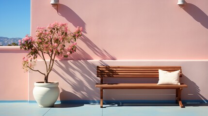 flowering tree by a pink wall with a bench