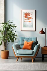 Blue green living room with artwork and plants