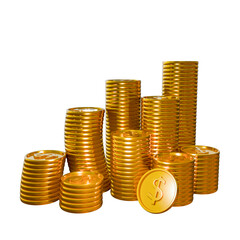 Model of a pile of gold coins placed in a high orientation. Represents investment, wealth, gold coins, profit. Pile of golden objects, coins set up. 3d rendering