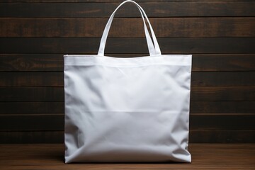 White tote bag mockup on wooden background