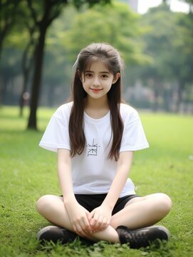 A Young Asian Girl Sits Cross-Legged In A Grassy Field